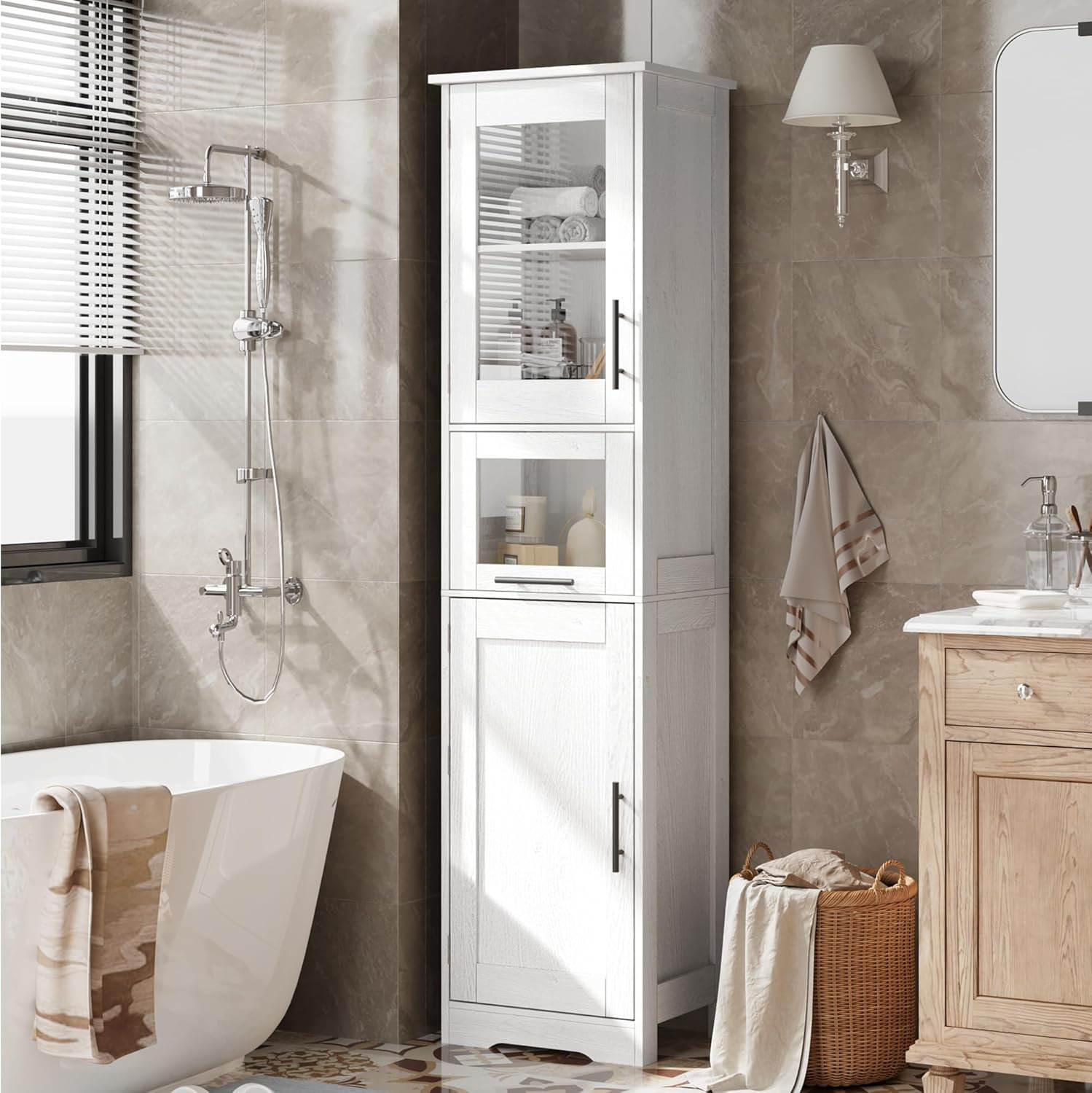Tall Bathroom Cabinet Linen Storage Cabinet with Doors and Adjustable Shelves and Drawer Gracie Oaks Finish White